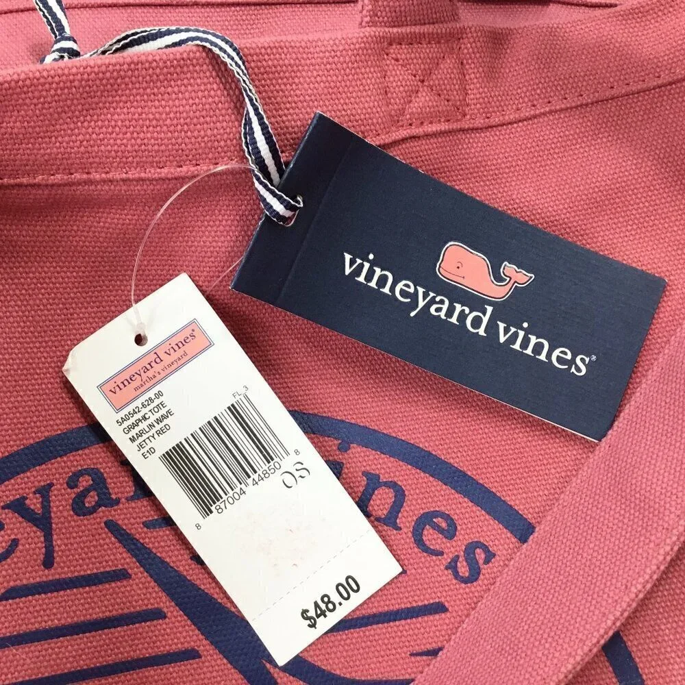 Vineyard Vines NWT Marlin Wave Graphic Canvas Tote Bag Pink #EDSFTG Open Top